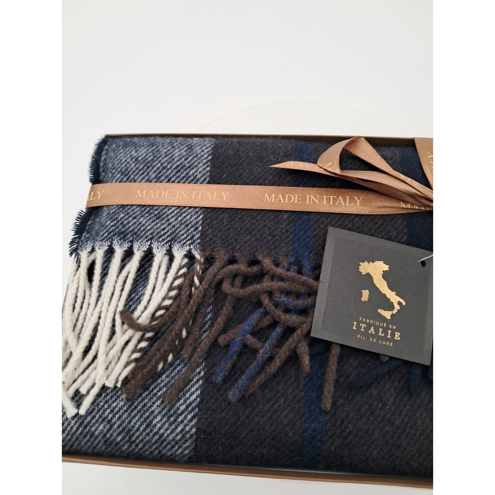 Manifattura C.B.M Cashmere‎ Blend Scarf-Made In Italy. Brown, Blue, And White - Picture 5 of 6